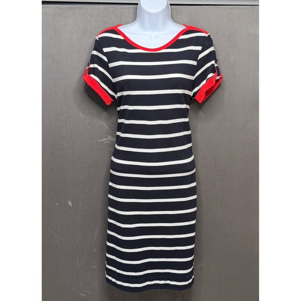 Lands' End T-Shirt Dress Womens S 6-8 Navy Blue Striped Red Trim Short Sleeve